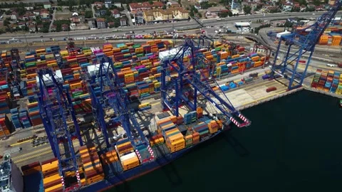 Aerial Close View of Container Storage Yard Stock Footage 342344122