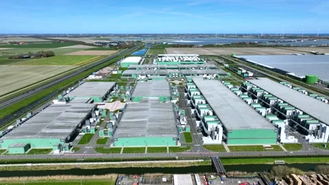 Aerial close-up view of a data center in the Netherlands Stock Footage 345572672