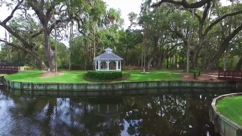 Aerial Close Up View Flying Towards Gazebo Stock Footage 129264780