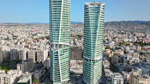 Aerial close view of Limassol high-rise towers in Cyprus. Stock Footage 341634314