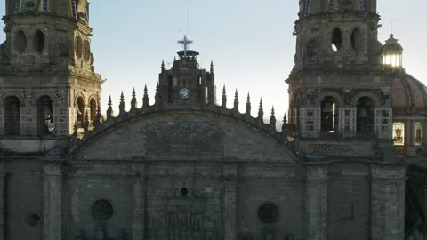 Aerial close up view of neo-gothic elements on spires of Guadalajara Cathedral Stock Footage 241523751