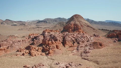 Aerial Close Up View of Red Rock Desert Landscape Near Lake Mead, Valley of Fire Stock Footage 116533814