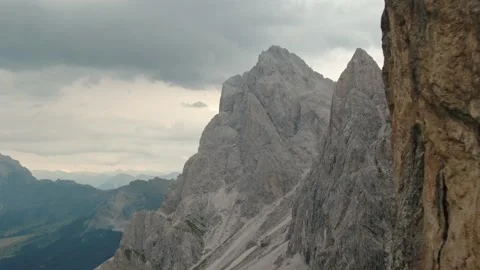 Aerial close up view of Seceda Dolomites beautiful epic mountain peaks Stock Footage 249255156