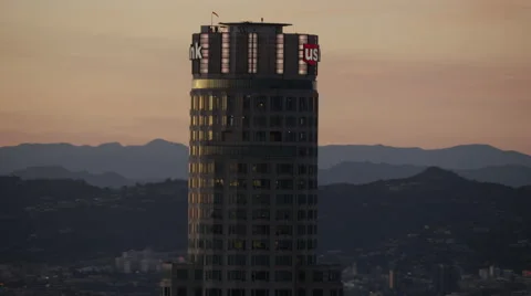 Aerial close up view at sunset of US Bank building Los Angeles Stock Footage 64791426
