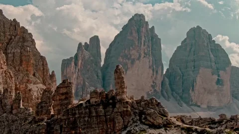Aerial close up view of the Tre Cime National Park epic mountain peaks Stock Footage 249255483