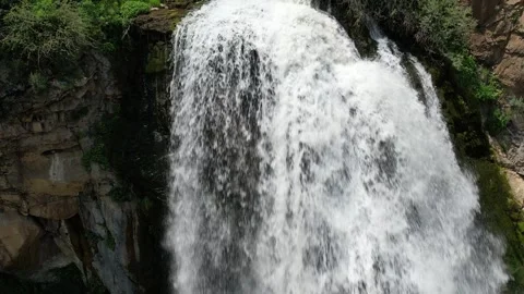 Aerial close-up of whitewater falling down Trchkan waterfall, Armenia Stock Footage 342432676