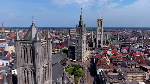 Aerial close up wide angle view of Saint Nicholas Church tower aligned Stock Footage 339369022