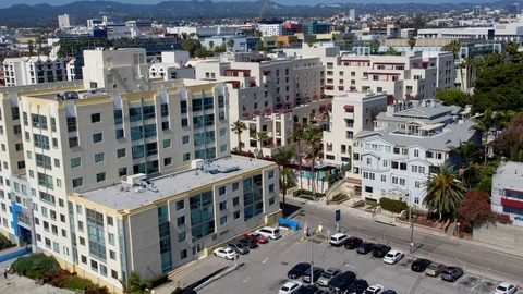 Aerial of closed Santa Monica city during Corona virus pandemic Stock Footage