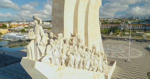 Aerial closeup of the eastern profile of the Monument of the Discoveries - Stock Footage 107262622