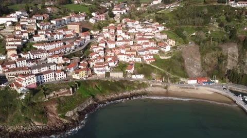 Aerial closeup to Lastres village. Asturias. Stock Footage
