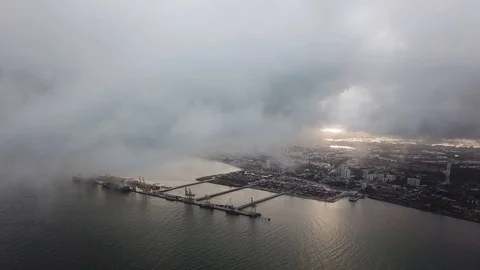 Aerial cloud fly over container terminal at the port at Penang. Video stock 117856008