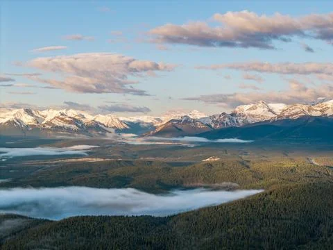 Aerial cloud inversion over forest near Abraham Lake Alberta Stock Photos