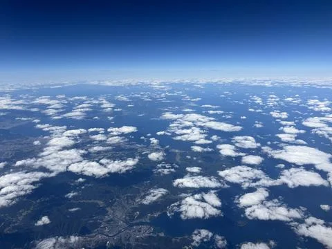 Aerial Cloudscape Blue Sky White Puffy Clouds Airplane Window Fotos Stock