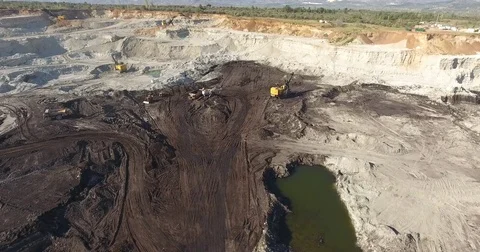 Aerial Coal Mining Pit and Working Mining Machines Stock Footage 74289069