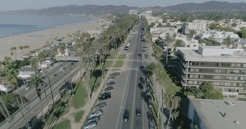 Aerial of coastal houses and road near beach, Santa Monica, United States Stock Footage