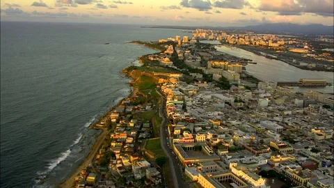 Aerial coastal sunset view San Juan Puerto Rico Stock Footage