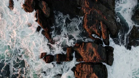 Aerial Coastal Top View of Waves Breaking on Rocks in Maine Stock Footage