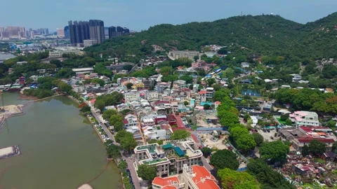 Aerial Coloane Village rooftops flyover in Macau Stock Footage 340200722