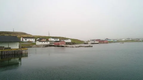 Aerial of colorful town and harbor on coastline in Newfoundland Stock Footage