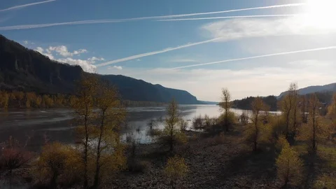 Aerial of the Columbia River Gorge from sparse trees over the river rising shot Stock Footage 107231502