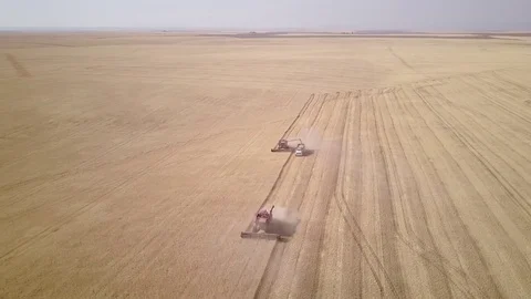 Aerial - Combines in Wheat Field Stockbeeldmateriaal 79772916