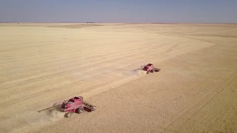 Aerial - Combines in Wheat Field Stockbeeldmateriaal 79773840