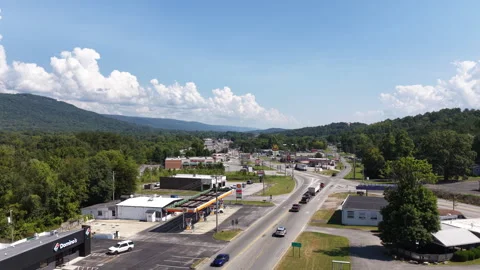 Aerial of commercial roadside development in Dunlap Tennessee Stock Footage 344232333