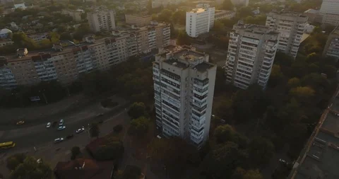 Aerial: Communist Block Flat On Sunset Shine Stock Footage 95148738