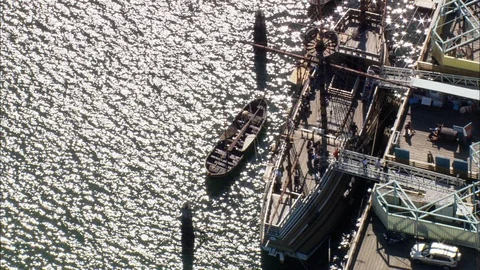 Aerial of commuters deboarding the ship at the harbor, The Mayflower Stock Footage 109132459