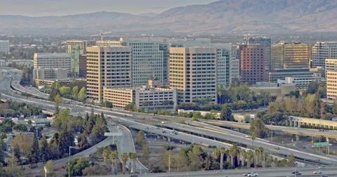 Aerial of congested freeway traffic at rush hour in silicon valley Stock-Footage 68563547