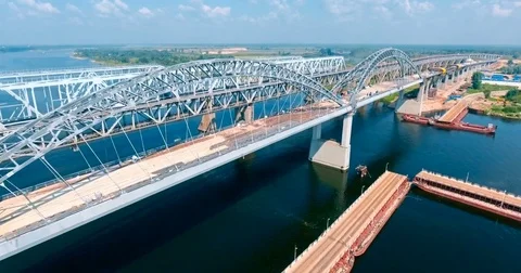 Aerial. Construction of a new bridge over the river Stock Footage 73562074