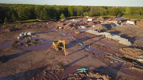 Aerial Construction site seen by drone.  Red clay, Stock Footage 108676154