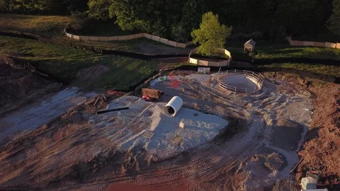 Aerial Construction site seen by drone.  Red clay, Stock Footage 108676301
