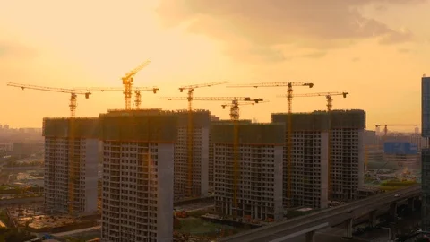 Aerial of construction site at sunset Stock Footage 114561415