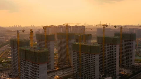 Aerial of construction site at sunset 스톡 동영상 115049890