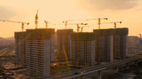 Aerial of construction site at sunset Video stock 115050382