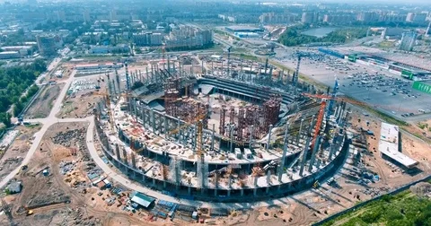Aerial. Construction of a stadium with cranes Stock Footage 73465551