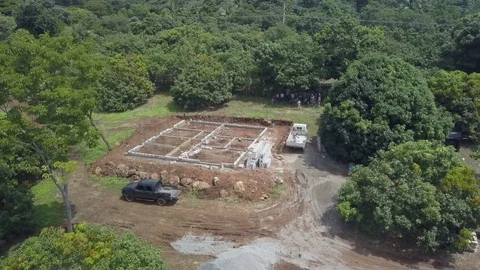 Aerial of construction team talking before working in Santa Rosa Guatemala Stock Footage 126804608