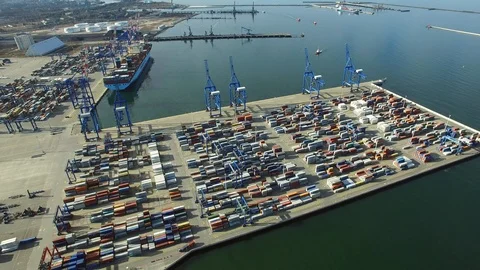 Aerial of Container Ship Terminal Harbor Stock Footage 99277355