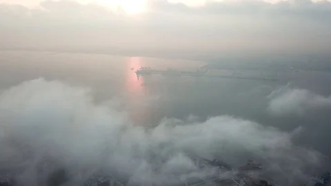 Aerial container terminal view from Georgetown city and foggy cloud. Video stock 118251900