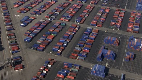 Aerial of containers and trailers at freight yard in Long beach Stock Footage 106203284