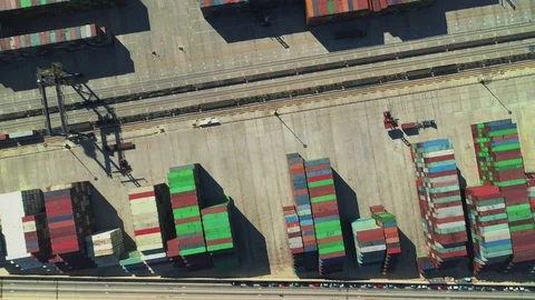 Aerial of containers at industrial harbor Stock Footage 80889071