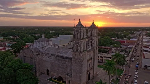 Aerial Convent Rooftop at Sunset, Valladolid, Mexico Stock Footage 340263214