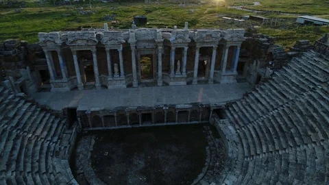 Aerial copter flight to old historic Antique Theater in Side, Turkey. Aerial vie Stock Footage