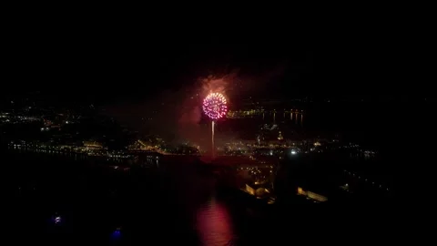 Aerial Corfu Easter resurrection fireworks over old town and fortress with Stock Footage 226163661