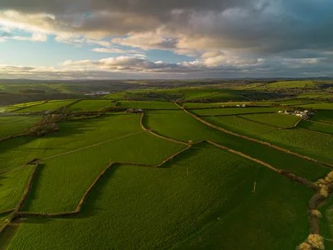 Aerial countryside farmland with patchwork fields and hedgerows Stock Photos