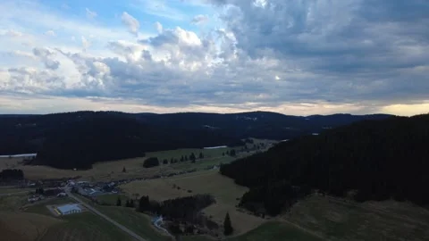 Aerial countryside landscape panorama with fields forest and hills Stock Footage 332762282