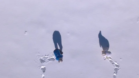 Aerial - Couple having a snowball fight in a field with long shadow silhouettes Stock Footage
