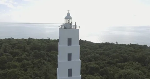 Aerial of couple on top of the lighthouse Stock Footage 85771359