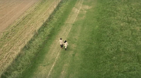 Aerial - Couple walking in field Stock Footage 59410104